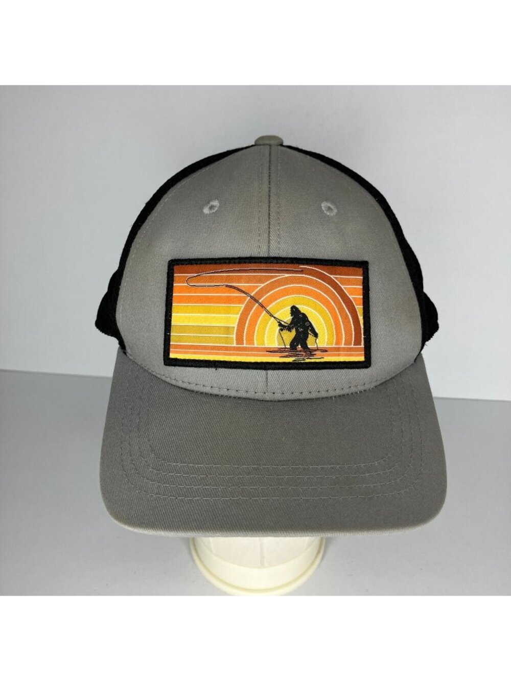 Sasquatch Fishing Sunset Trucker Hat Mens Adjustable Grey Black